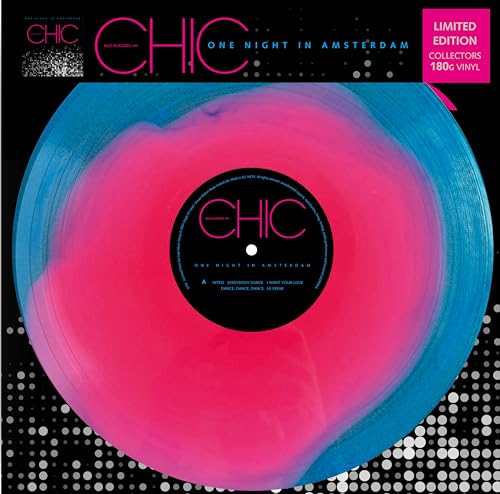 Pink and blue marbled vinyl record for Chic’s “One Night In Amsterdam.”