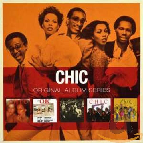 Group portrait of the band Chic against an orange background with five album covers.
