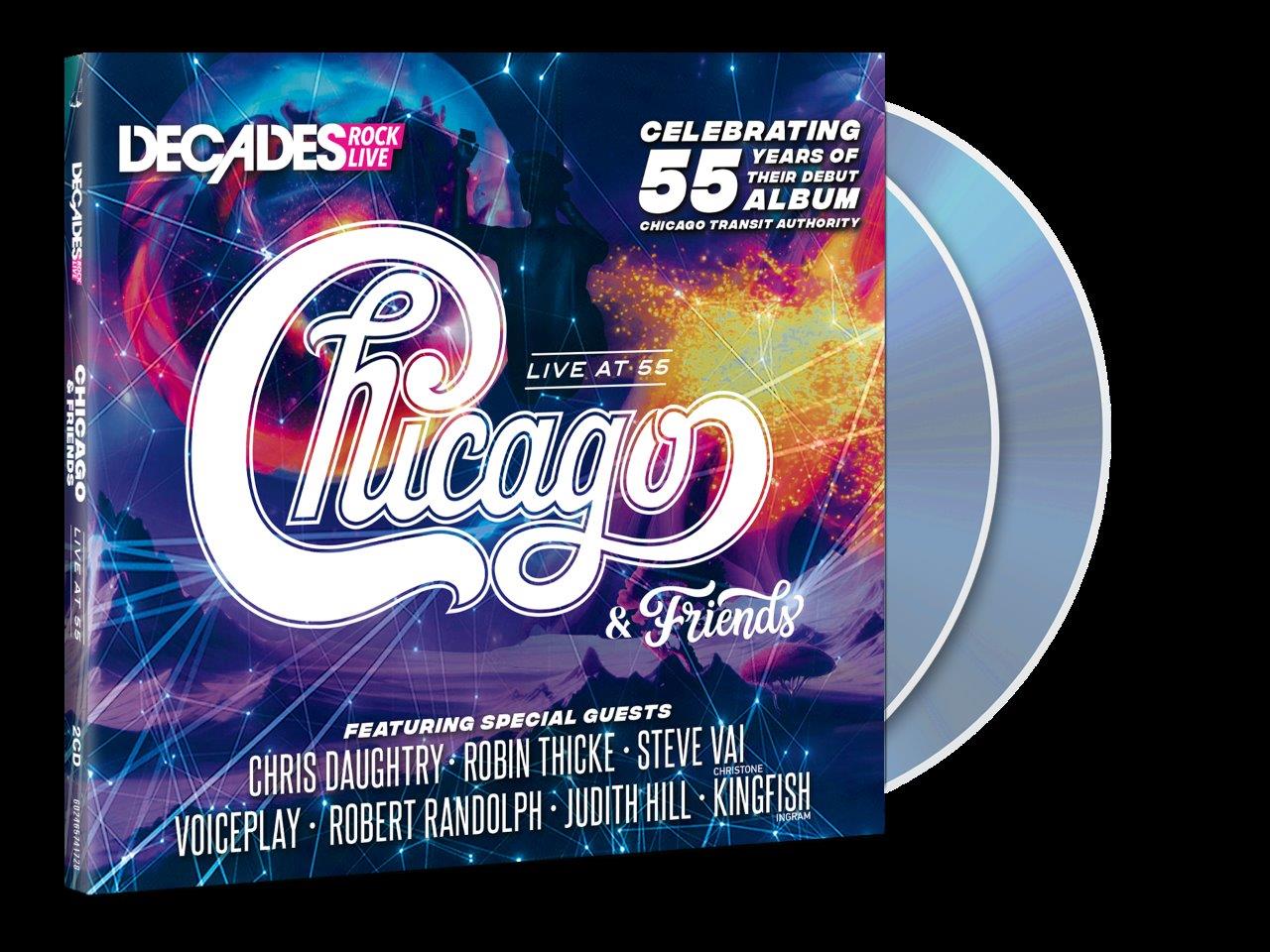 CD cover for Chicago’s “Chicago & Friends: Live at 55” with blue and purple design.