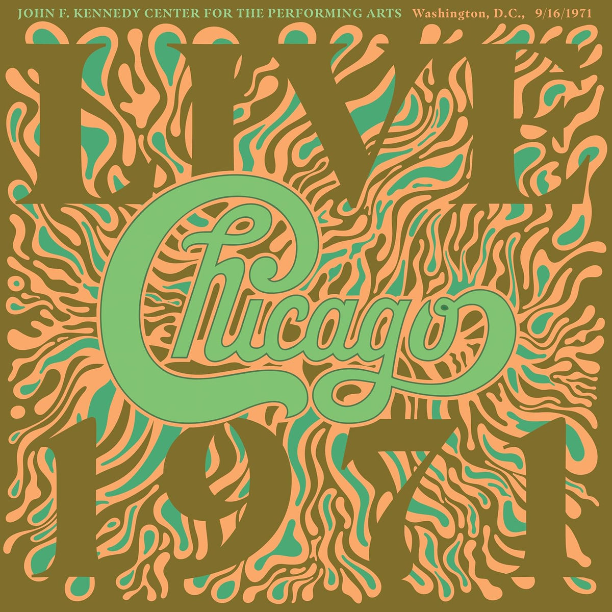 Album cover for Chicago’s “Chicago At The John F. Kennedy” with psychedelic art.