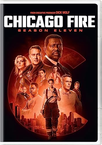 Chicago Fire" Season 11 DVD cover with cast portrait and city skyline.