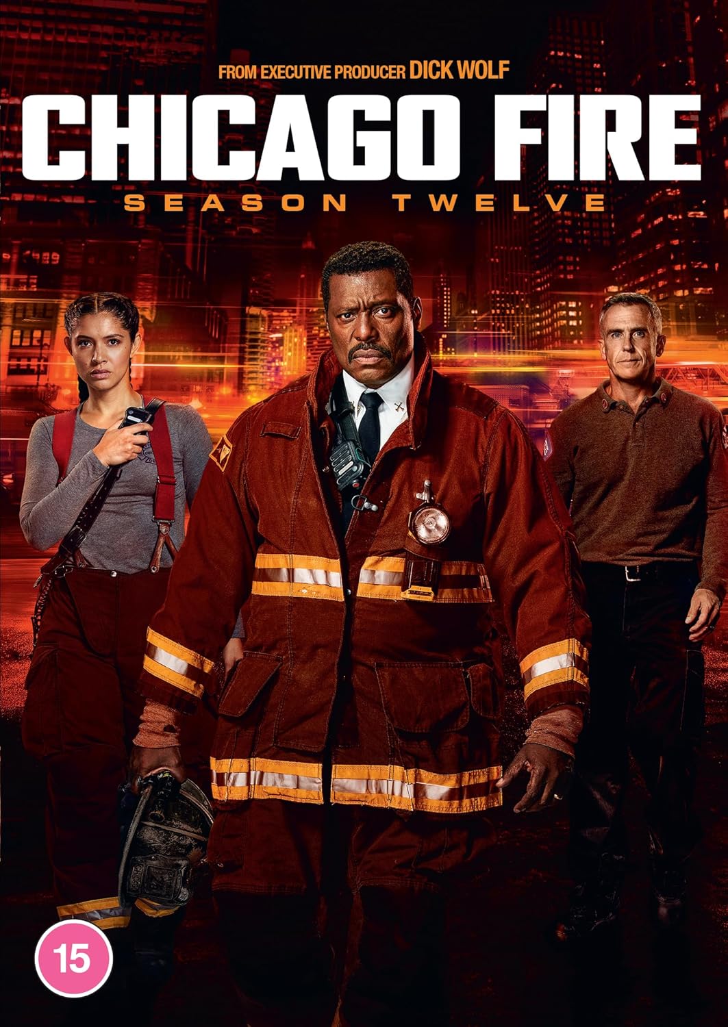 Chicago Fire" Season 12 DVD cover featuring three firefighters in front of a city skyline.