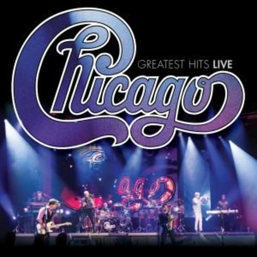Chicago band logo over a live concert stage with musicians performing.