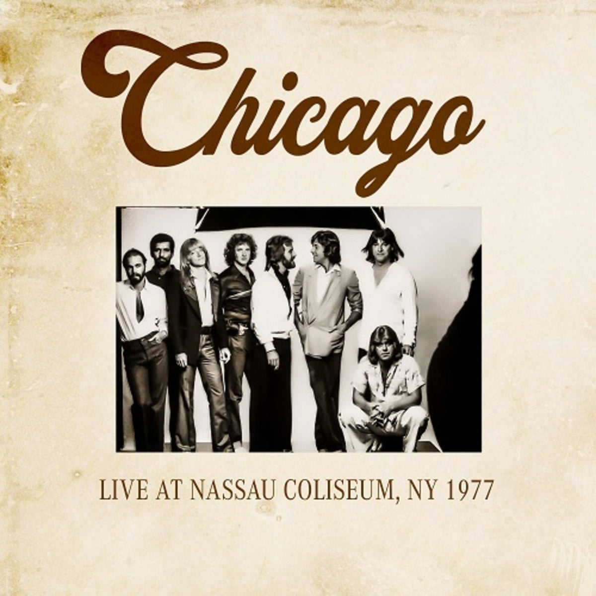 Chicago band photo and album title: Live At Nassau Coliseum, NY 1977.