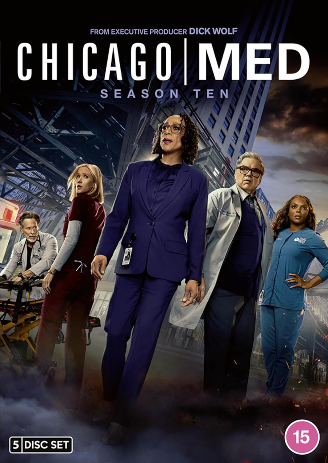 DVD cover for Chicago Med Season 10 featuring five cast members against city background.