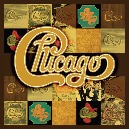 A collage of Chicago album covers with a large gold Chicago logo in center.