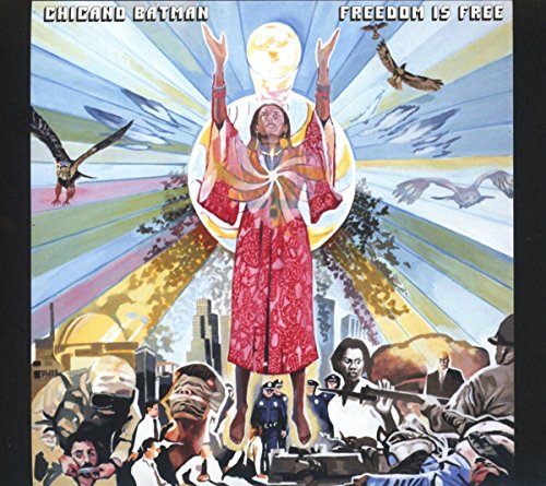 "Album cover with a woman in red surrounded by birds and chaotic scenes."