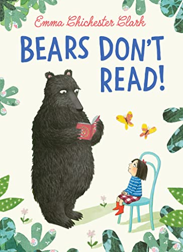 Black bear reading to a girl surrounded by green foliage.