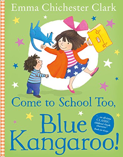 Book cover: girl with blue kangaroo and school bag, illustrated style.