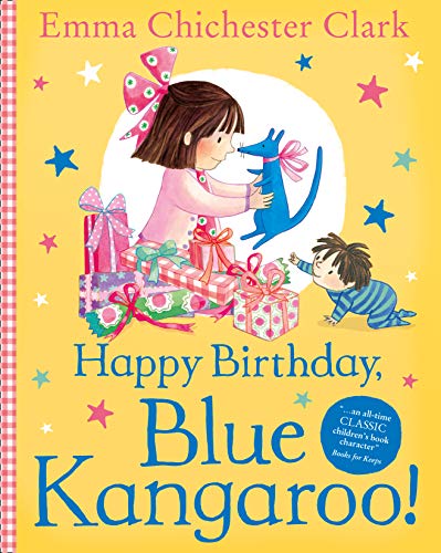 Girl with blue kangaroo surrounded by gifts, book cover illustration.