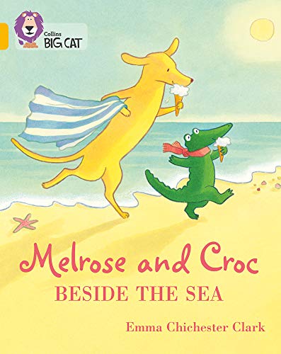 Cartoon dog and crocodile on a beach, eating ice cream.