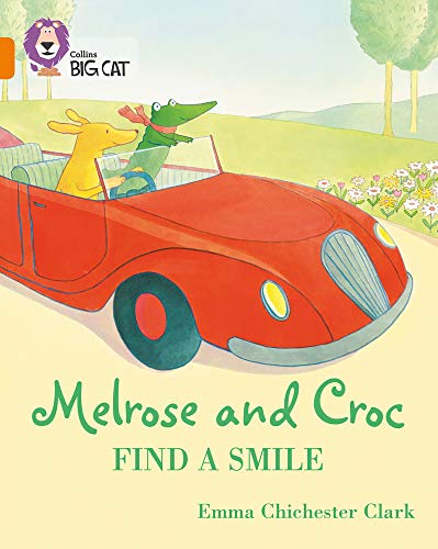 Dog and crocodile drive a red car through a green landscape.