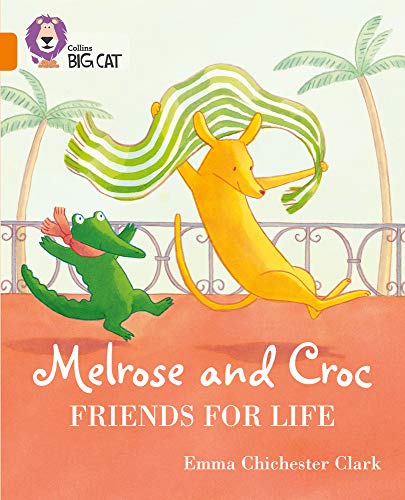Illustration of a crocodile and a wallaby playing near palm trees.