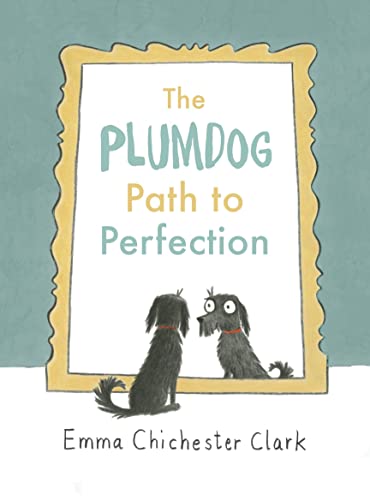 Book cover with two black dogs looking at their reflection in a mirror.