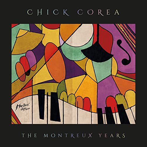 Album cover featuring abstract colorful shapes and a piano keyboard on a black background.