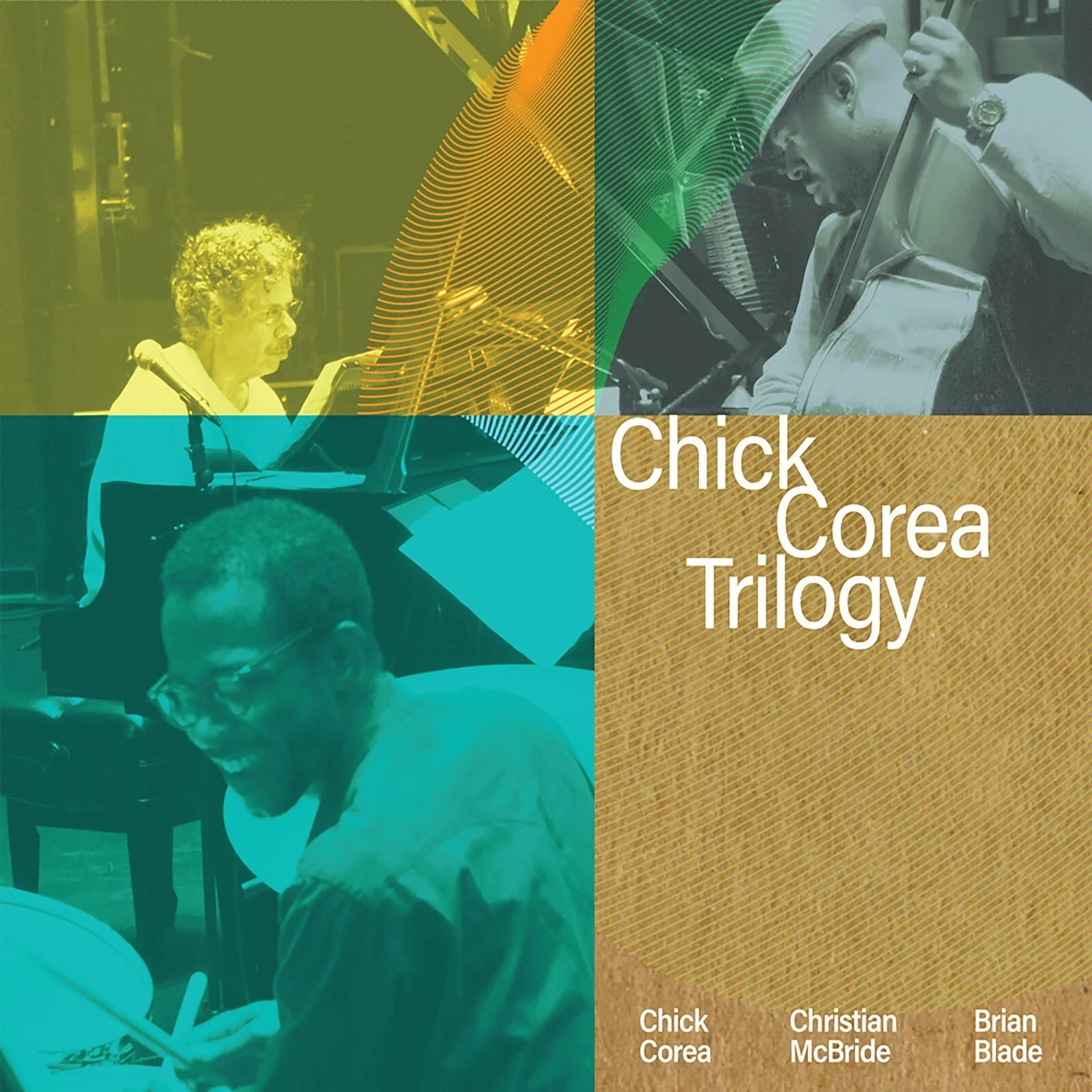 Album cover for Chick Corea Trilogy featuring three musicians in a color-blocked, patterned design.
