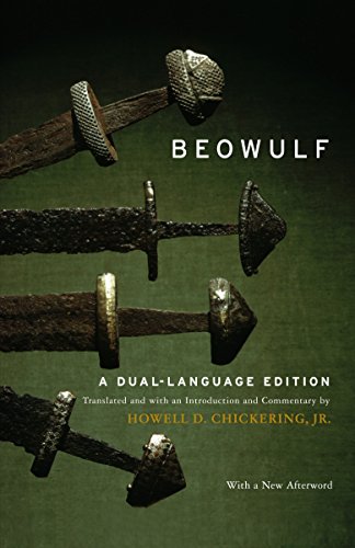 Book cover for "Beowulf" with ancient swords against a green background.