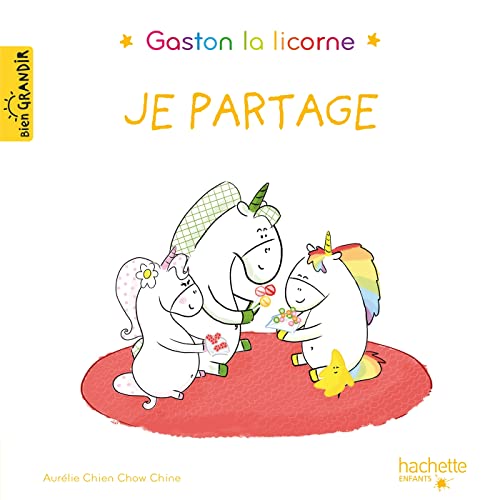 Book cover: three cartoon unicorns sharing gifts on a red rug.