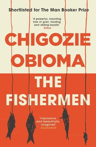 Book cover with red text and four fish hanging from lines on a background.