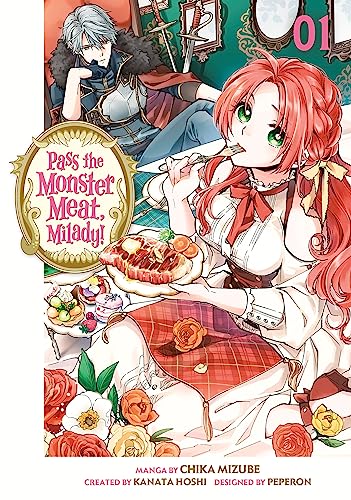 Manga cover: woman eating meat, man watching, ornate room, floral details.