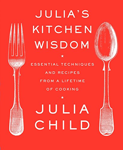 Red cookbook cover featuring a fork and spoon, titled "Julia's Kitchen Wisdom.
