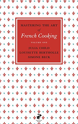 "Book cover with red, white, and blue pattern and title 'Mastering the Art of French Cooking'."