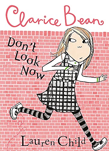 Book cover illustration of a girl in a plaid dress running against a brick wall.