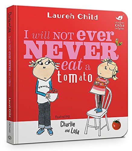 Book cover featuring Charlie and Lola on a red background with a single tomato.