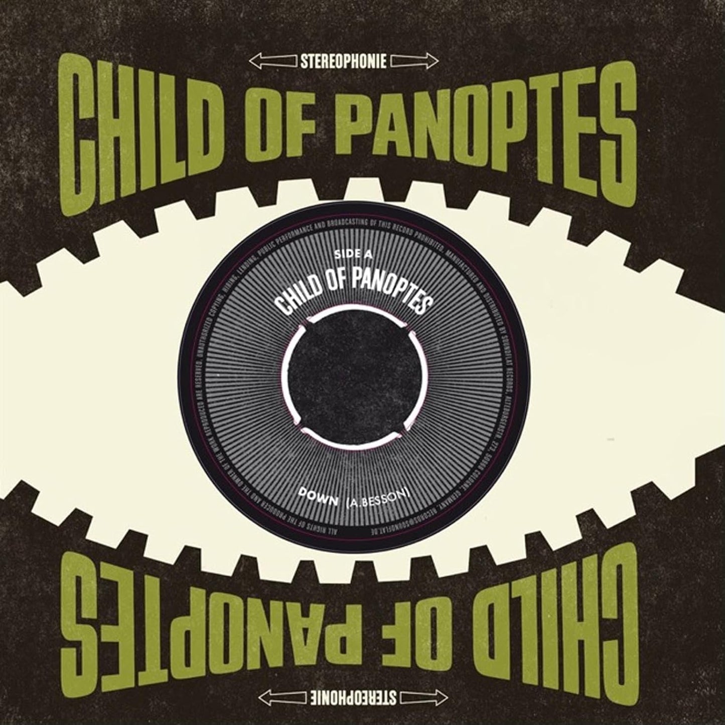 Vinyl record label for "Child Of Panoptes - Down" with gear motifs.