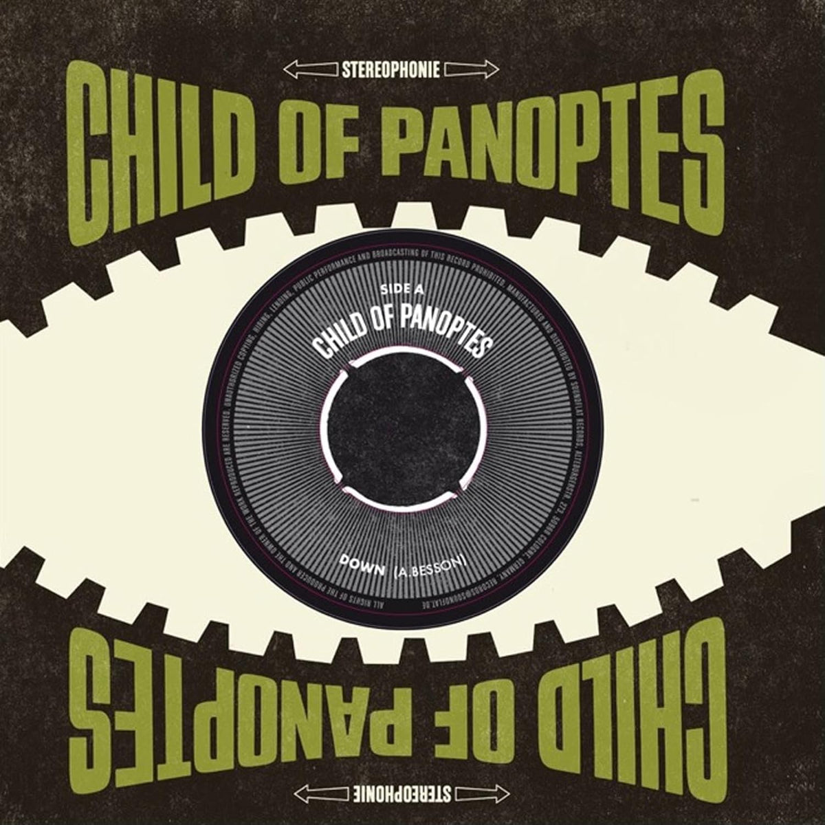 Vinyl record label for "Child Of Panoptes - Down" with gear motifs.