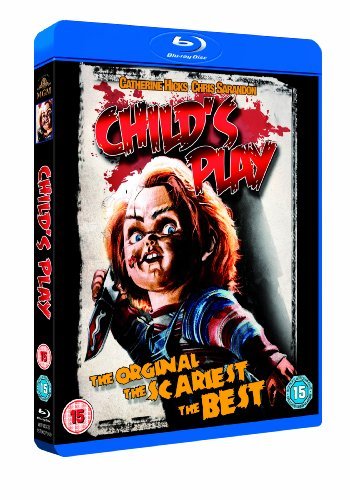 "Blu-ray case for 'Child's Play' featuring a creepy doll with a knife."