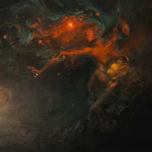 Dark, swirling abstract painting with fiery orange and shadowy figures.