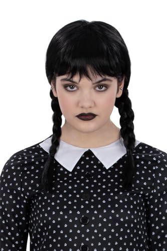 Child wearing a black wig with bangs and two long braided pigtails.