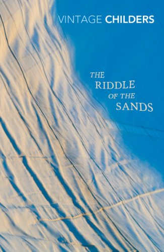 Book cover: blue and white abstract image, title “The Riddle of Sands”.