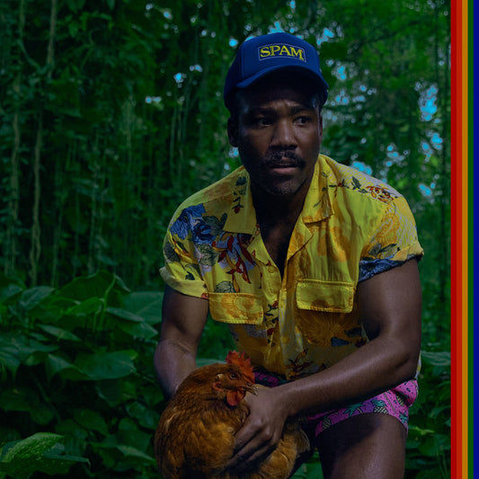 Donald Glover with a chicken, wearing a floral shirt and blue cap.