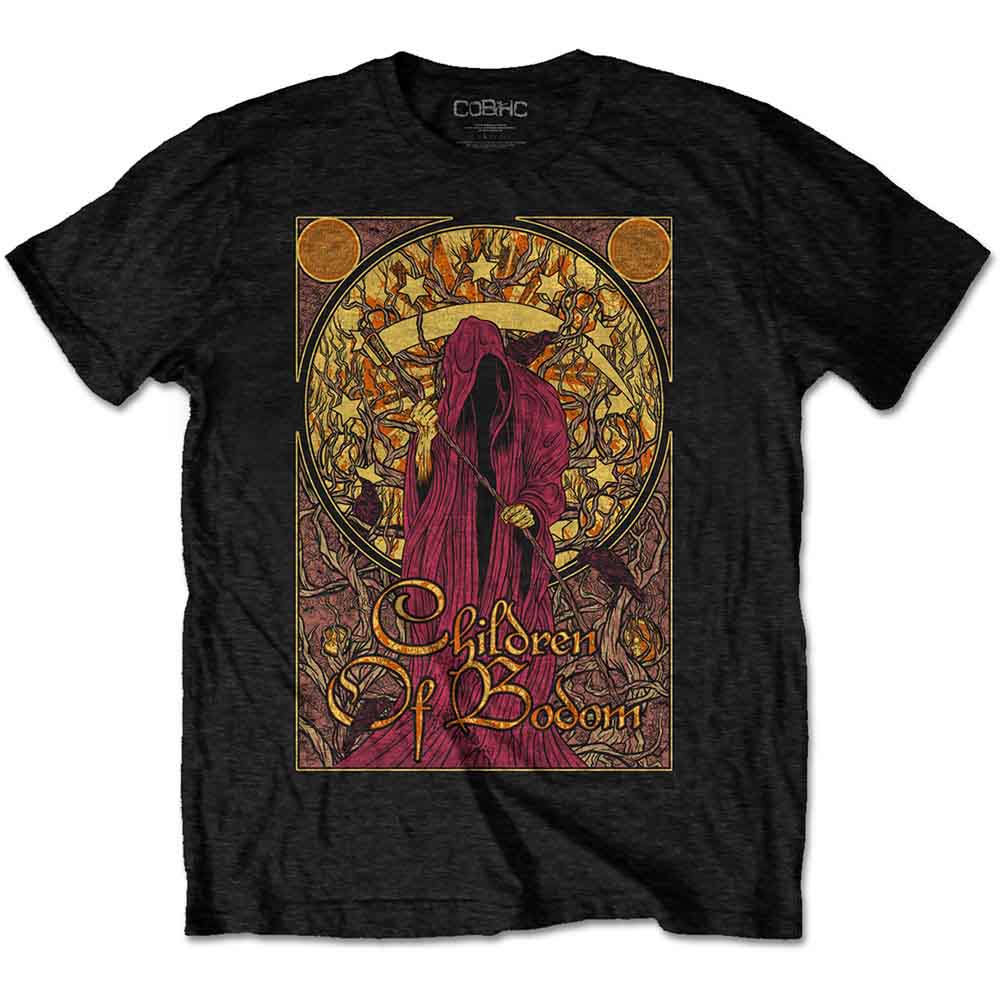Black t-shirt with a hooded figure and “Children Of Bodom” text.