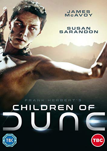 DVD cover for Children of Dune featuring James McAvoy against a desert landscape background.