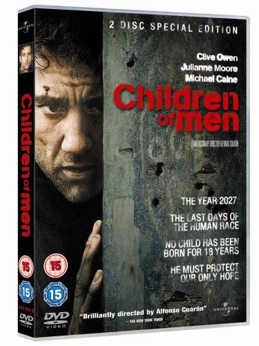 DVD cover for Children of Men featuring Clive Owen peering from behind a wall.