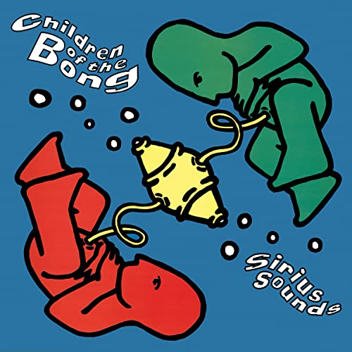 Cartoon figures in red and green connected by a yellow device on blue background.