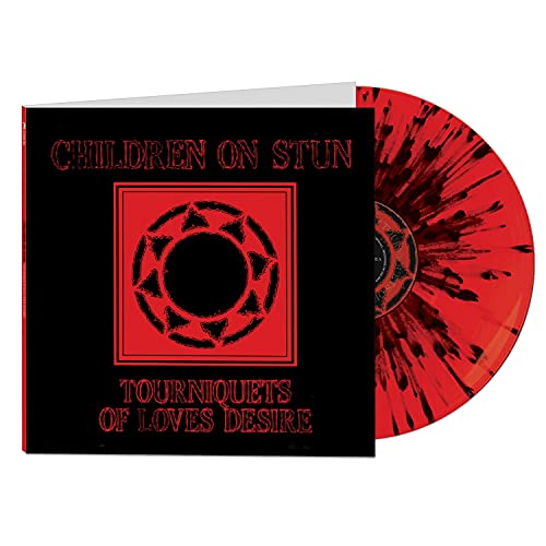 Red and black splatter vinyl record with geometric album cover art.