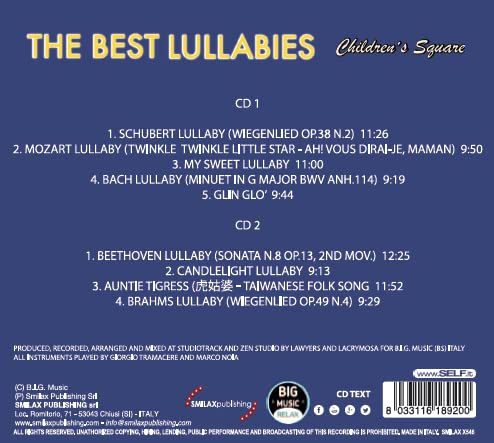 CD back cover listing lullaby tracks with barcode and publishing information.