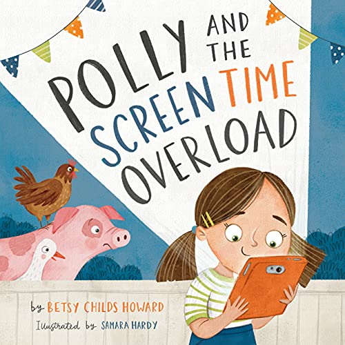 Book cover: girl with tablet, farm animals, and colorful banner above.