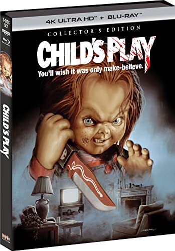 Child's Play" Blu-ray case featuring Chucky, a doll with a knife.