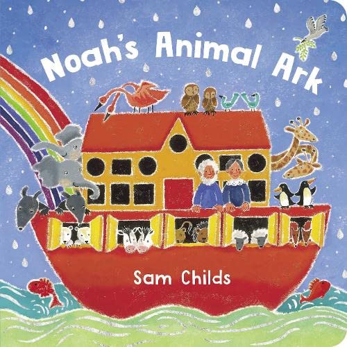 Noah’s Ark with animals and people, illustrated in a childlike style.