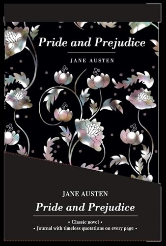 Pride and Prejudice book cover with floral design and journal text.