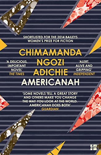 Book cover for "Americanah" by Chimamanda Ngozi Adichie with geometric patterns.