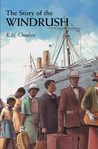 Book cover illustration showing people with luggage standing before the Empire Windrush ship.