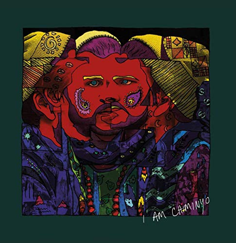 The image depicts a vinyl record cover for "I Am Chiminyo" with a vibrant, multi-colored illustration of a man's face and upper body. Alt text: Colorful illustration of a man with multiple faces on a dark green background.
