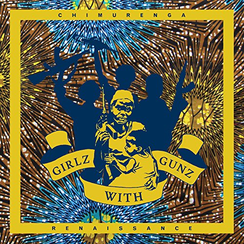 "Album cover with blue silhouettes of women holding guns, surrounded by a yellow border."