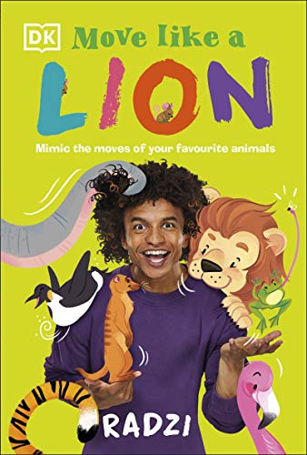 Book cover: child with cartoon animals, titled "Move Like a Lion".
